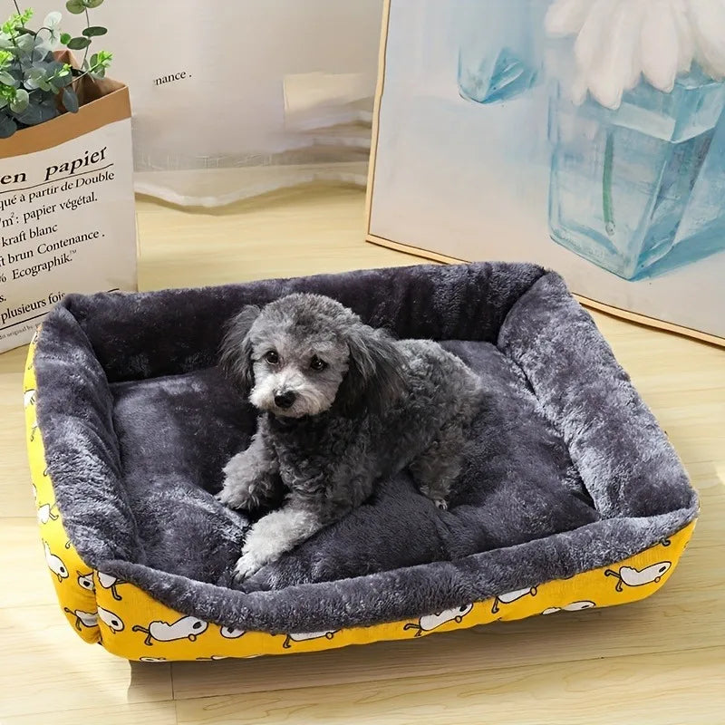 A yellow patterned soft pet sofa bed designed for winter warmth and orthopedic comfort.