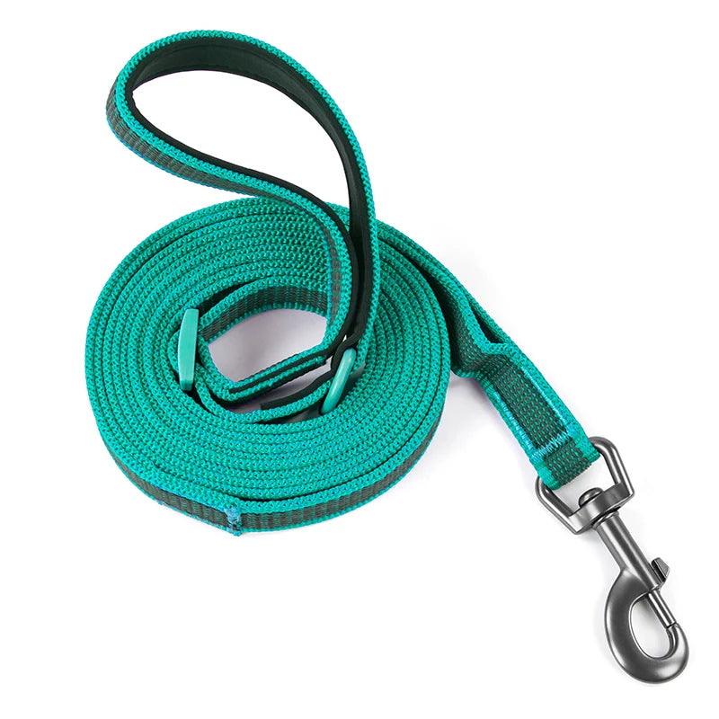 Teal adjustable hands‑free dog leash with double handles and swivel clip for active pet walking and running.