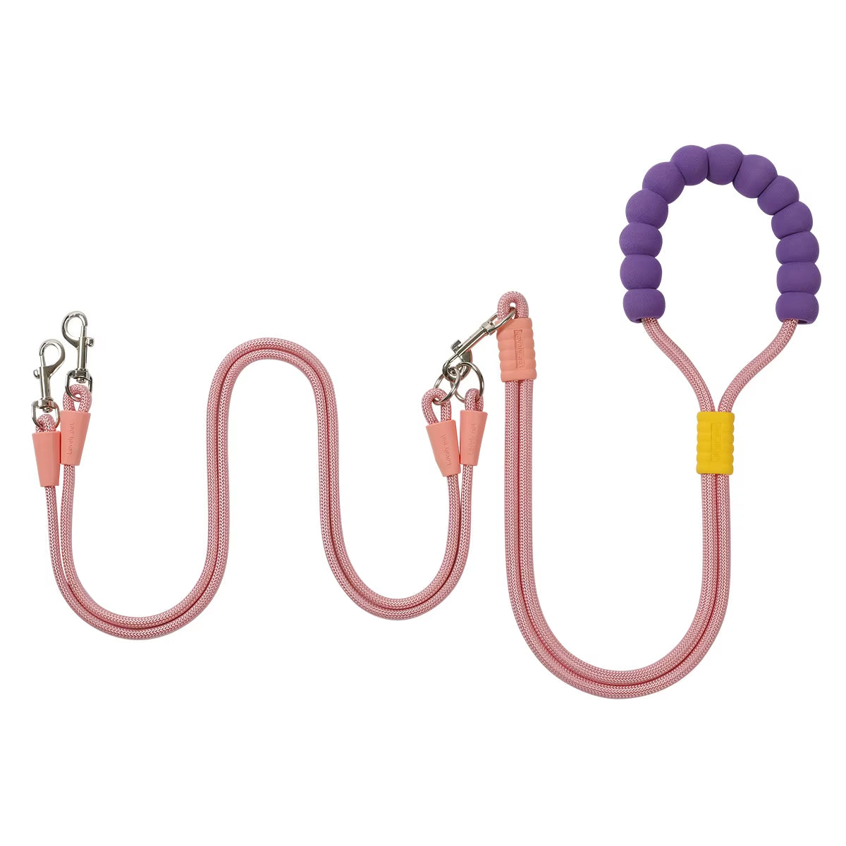 A rose quartz pink hands-free double dog leash set displaying its lightweight wear-resistant nylon construction and quick-release safety buckle.