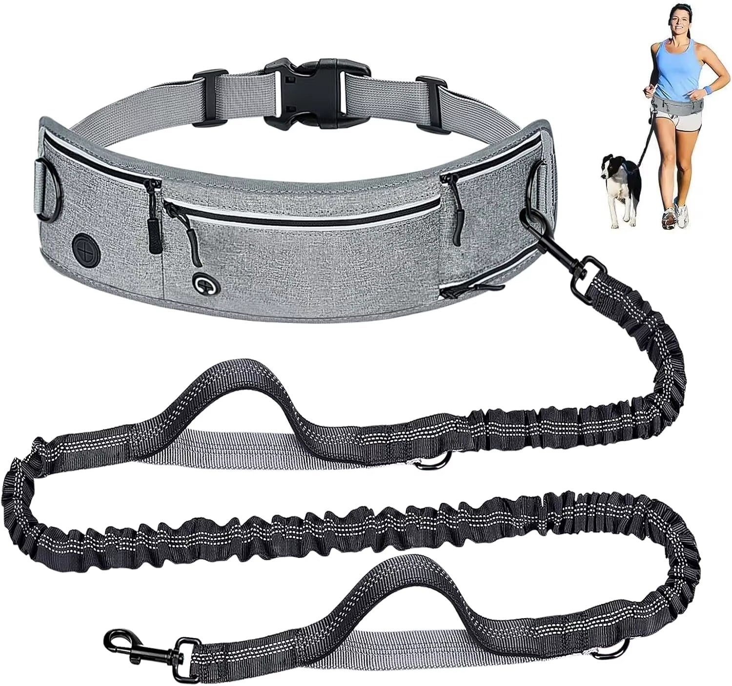 Close-up layout of the zippered walking pouch on the hands-free dog leash displaying dedicated storage space for keys, treats, and phone.