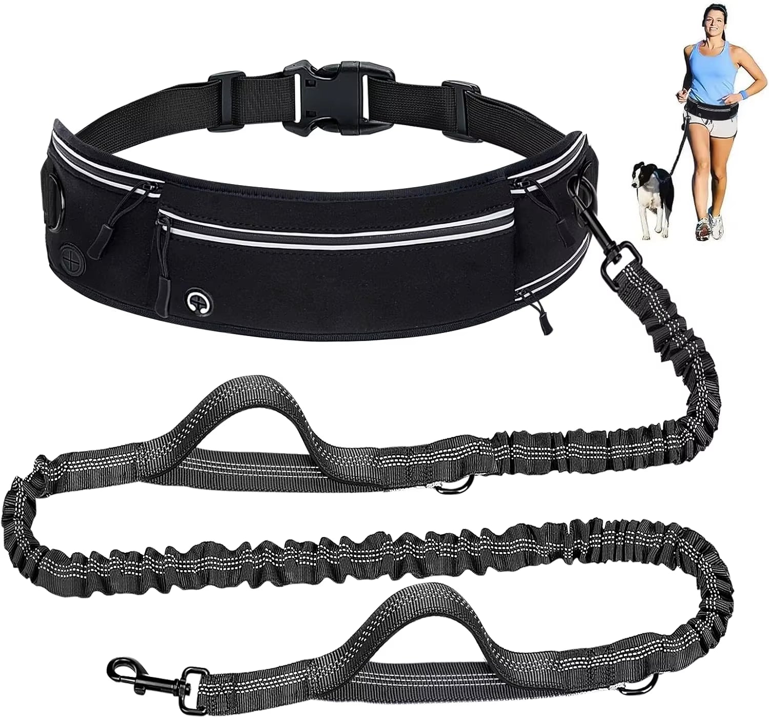A midnight onyx black hands-free waist dog leash featuring a zippered walking pouch, dual padded handles, and a shock-absorbing reflective bungee lead.