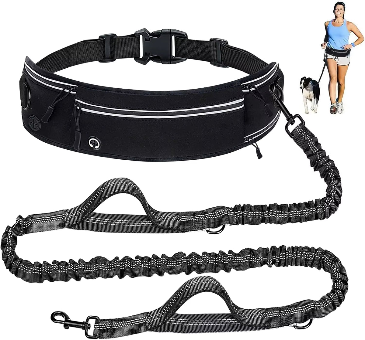 A midnight onyx black hands-free waist dog leash featuring a zippered walking pouch, dual padded handles, and a shock-absorbing reflective bungee lead.