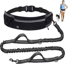 A midnight onyx black hands-free waist dog leash featuring a zippered walking pouch, dual padded handles, and a shock-absorbing reflective bungee lead.