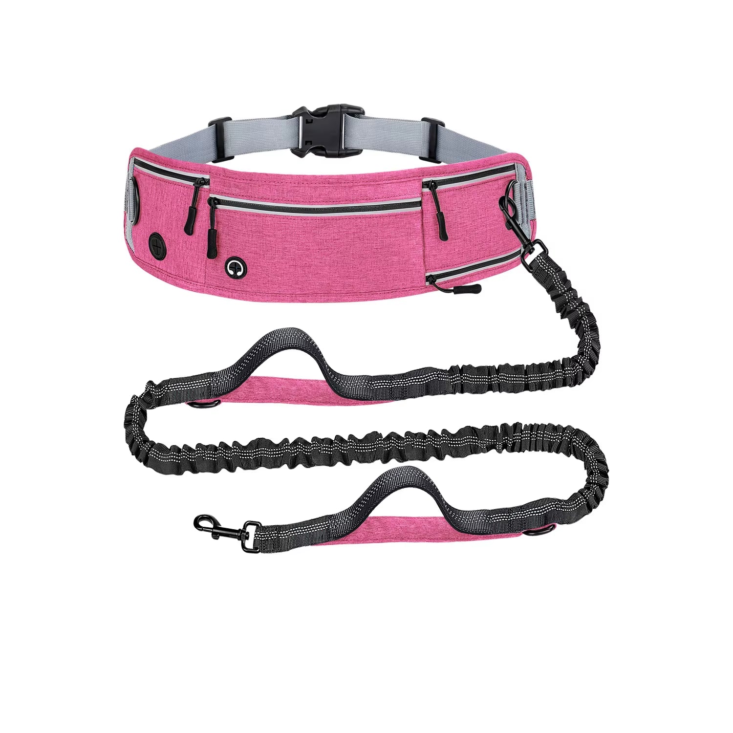 A midnight onyx black hands-free waist dog leash featuring a zippered walking pouch, dual padded handles, and a shock-absorbing reflective bungee lead.