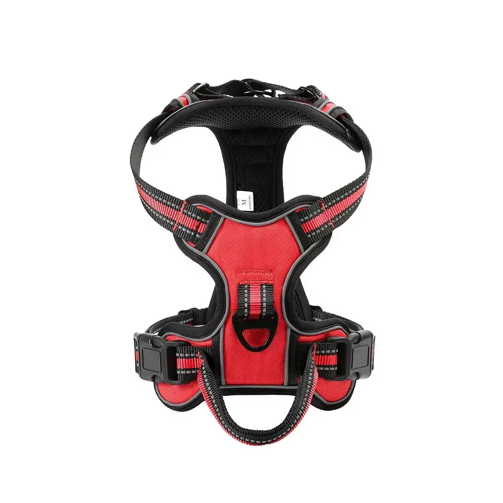 A Crimson Fire Red heavy-duty Oxford cloth dog harness with high-visibility edging for night safety.