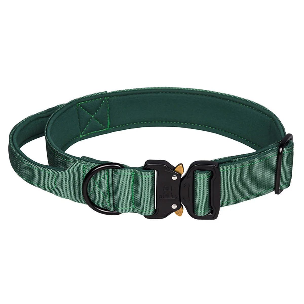 Outdoor combat green tactical pet collar laying flat to display its wide, windpipe-protecting structural design and impact-resistant adjustable hardware components.
