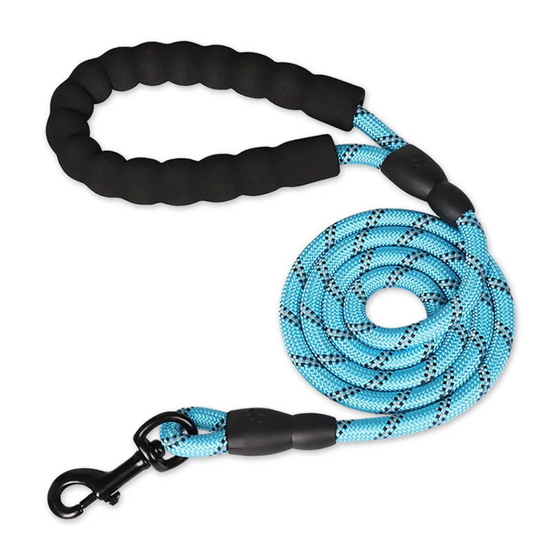 A heavy-duty cobalt blue dog traction lead displaying its secure 360-degree rotating rust-proof swivel clasp attachment.