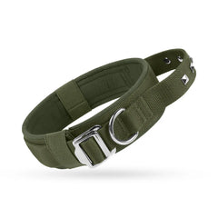 An outdoor ranger combat green casual style dog collar laying flat to showcase the premium export-quality nylon weave and reflective safety borders.