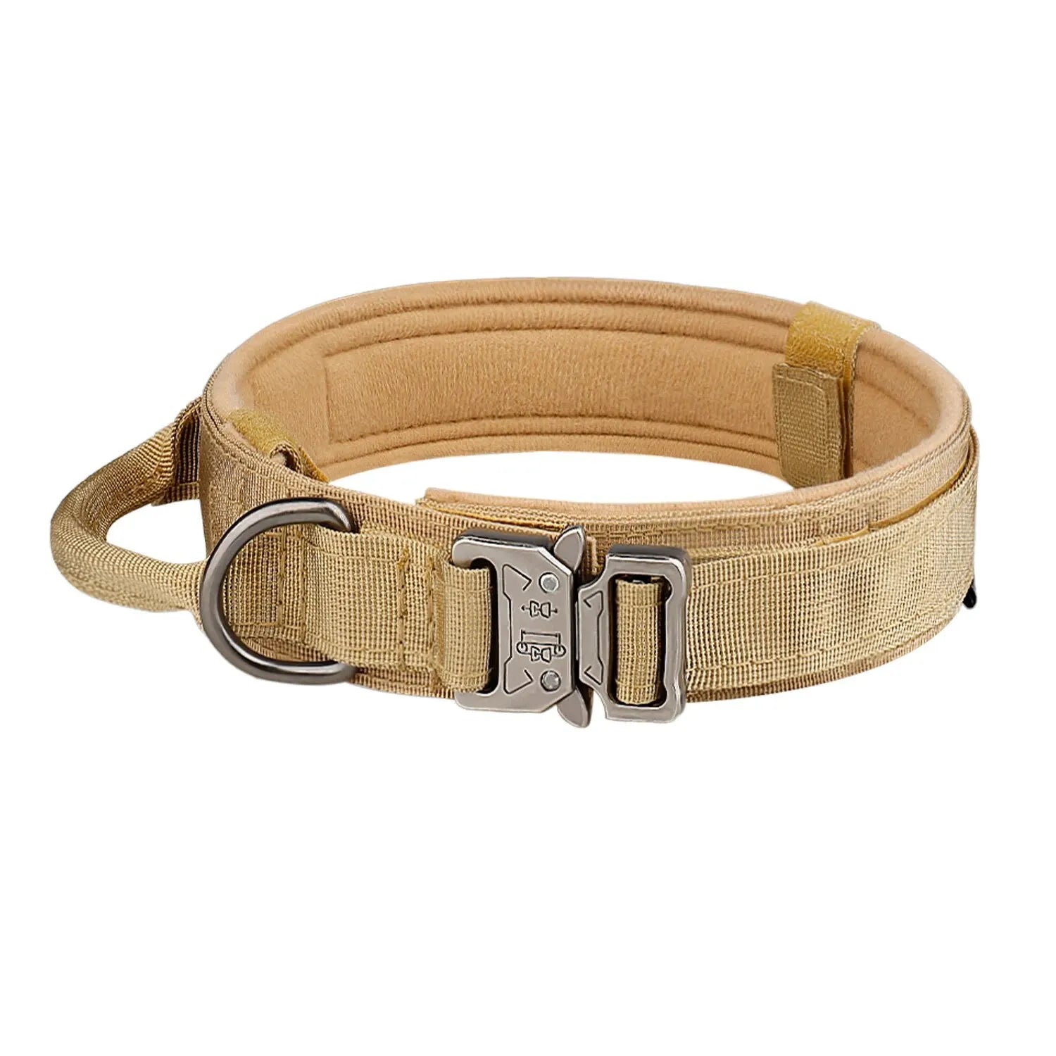 Desert Khaki adjustable nylon tactical collar for medium to large dogs with a soft breathable mesh interior lining.