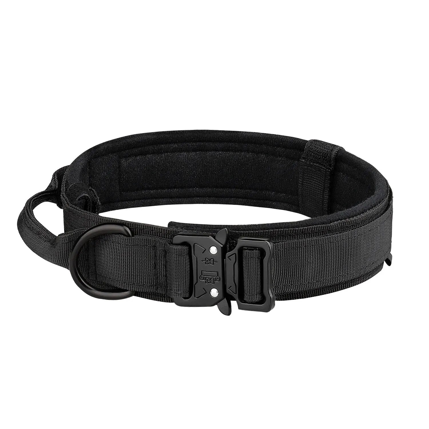Stealth Black heavy-duty tactical dog collar with padded control handle and metal quick-release buckle on a white background.