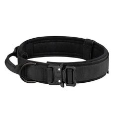 Stealth Black heavy-duty tactical dog collar with padded control handle and metal quick-release buckle on a white background.