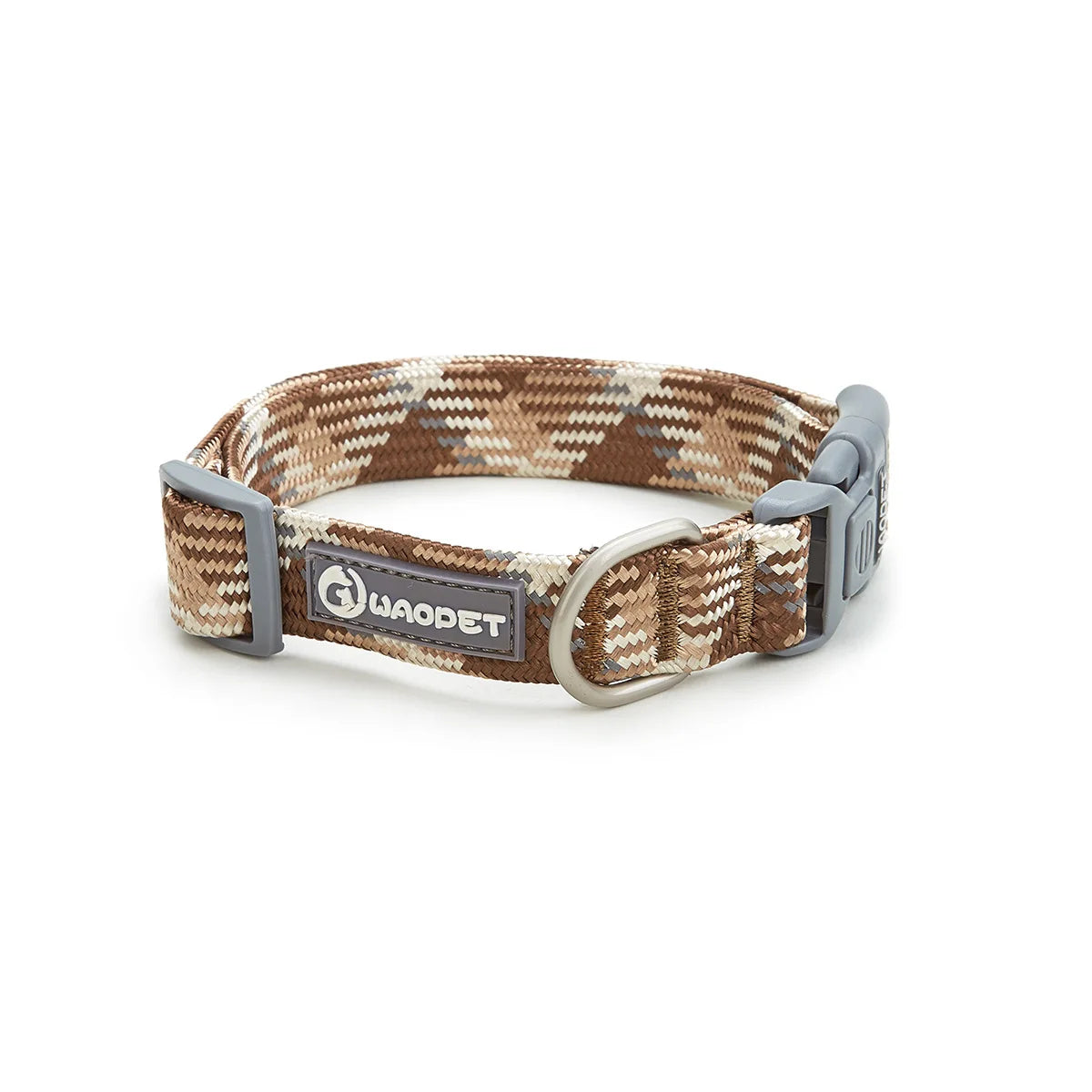 A rugged Tactical Coyote Brown adjustable nylon dog collar with integrated reflective safety threading and a high-strength metal lock fastener.