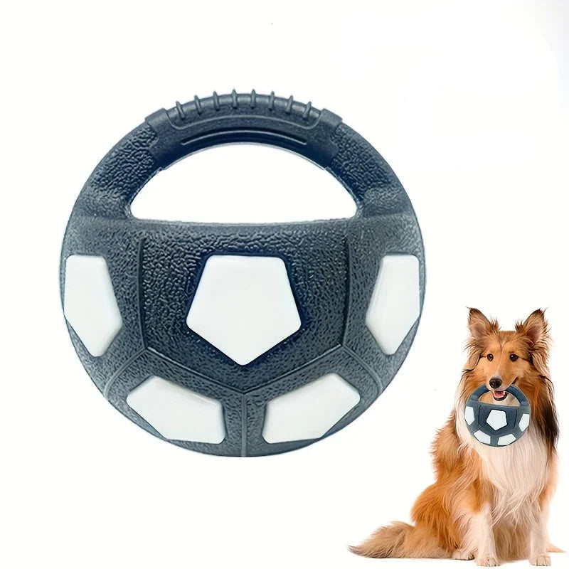 A classic monochrome black and white high-density TPR soccer ball toy featuring a sturdy top grab handle for throwing and fetching.