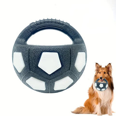 A classic monochrome black and white high-density TPR soccer ball toy featuring a sturdy top grab handle for throwing and fetching.