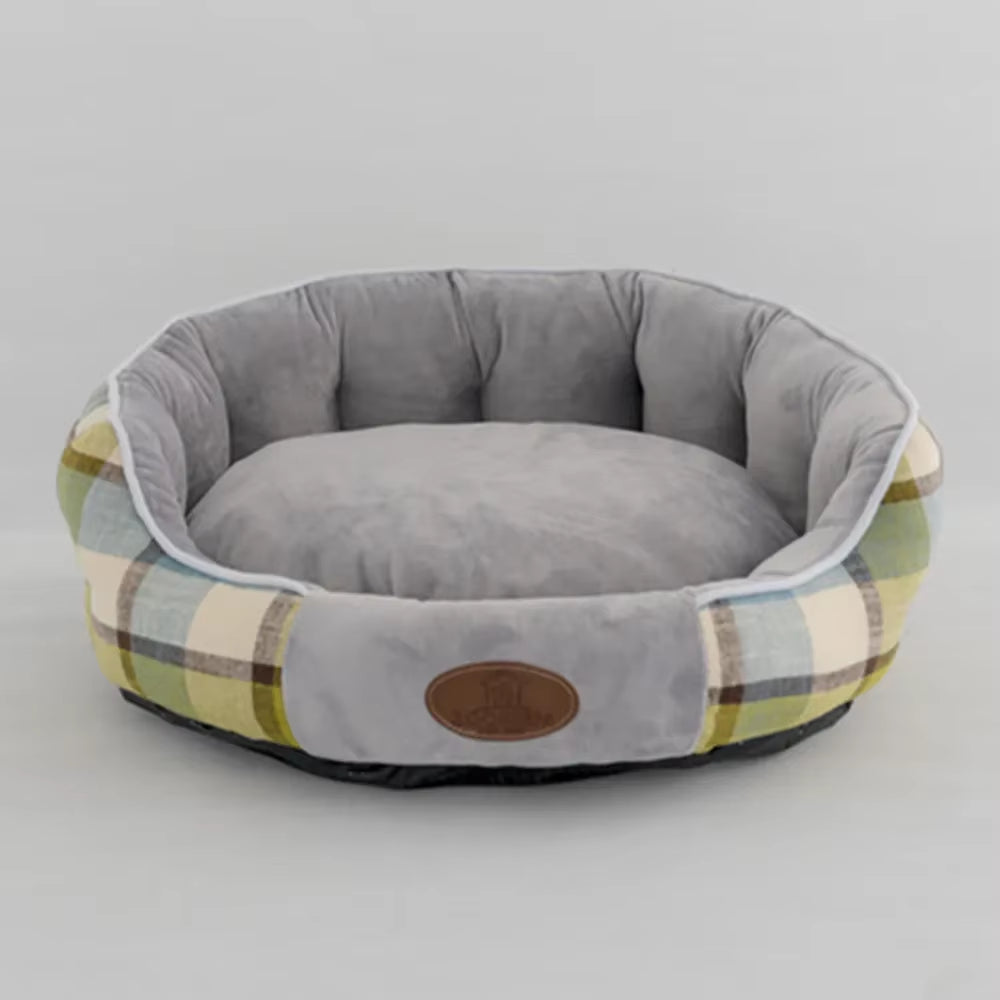 Cozy high-back pet nest in Sage Forest Green lattice pattern with grey plush interior, suitable for cats and small dogs.