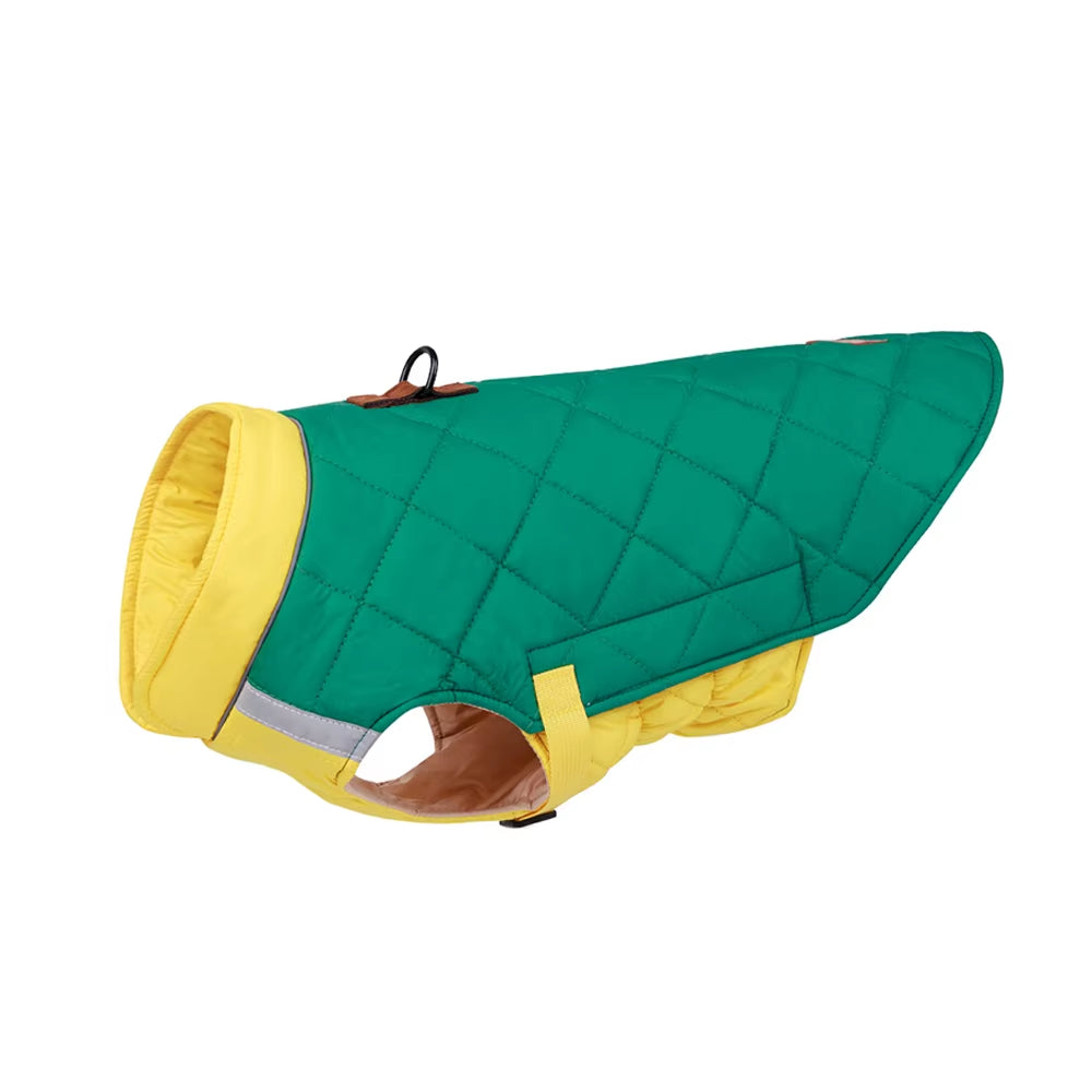 Neon Forest green and yellow high-visibility pet jacket for safe night walking.