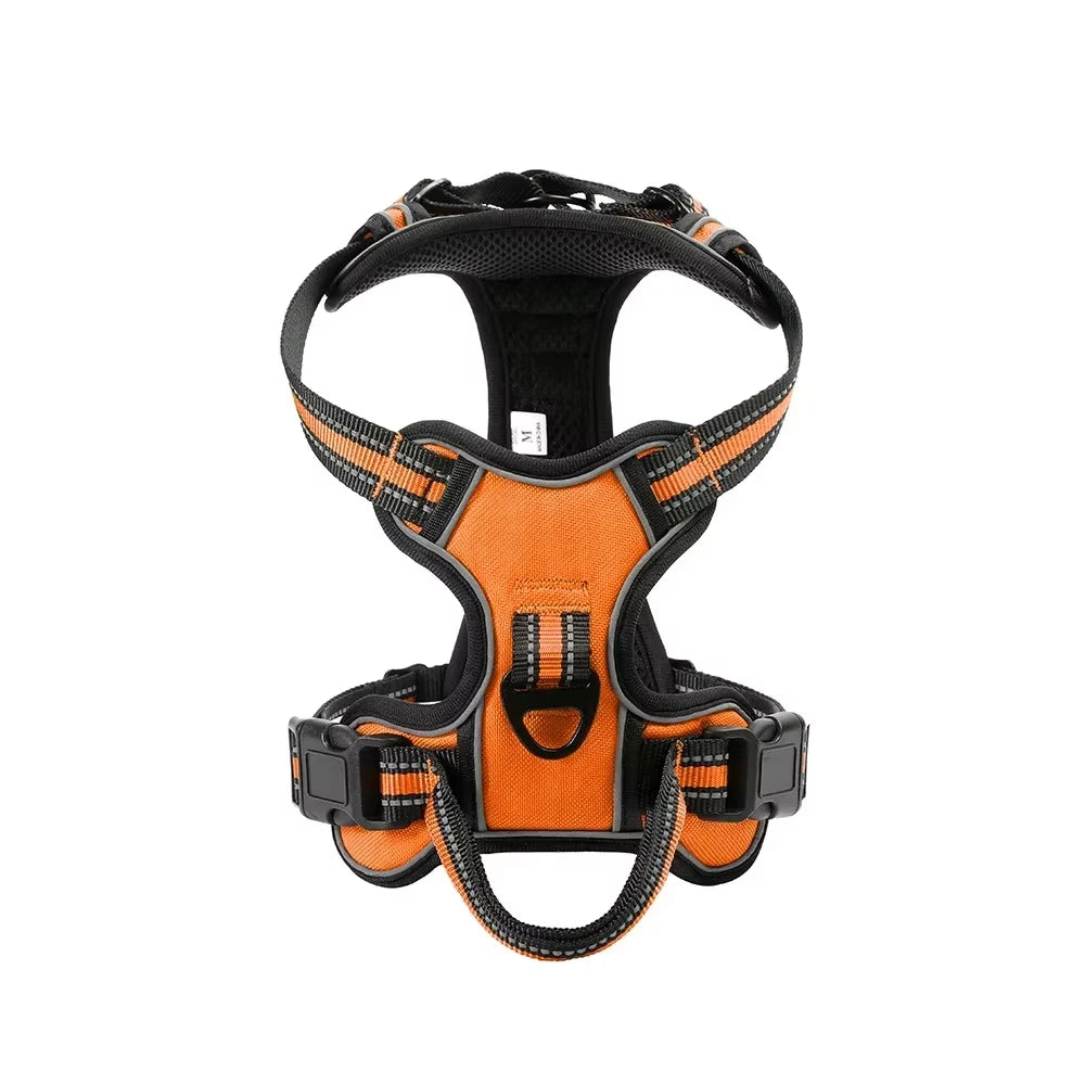 A bright Sunset Glow Orange escape-proof dog harness with front and back leash attachment points.