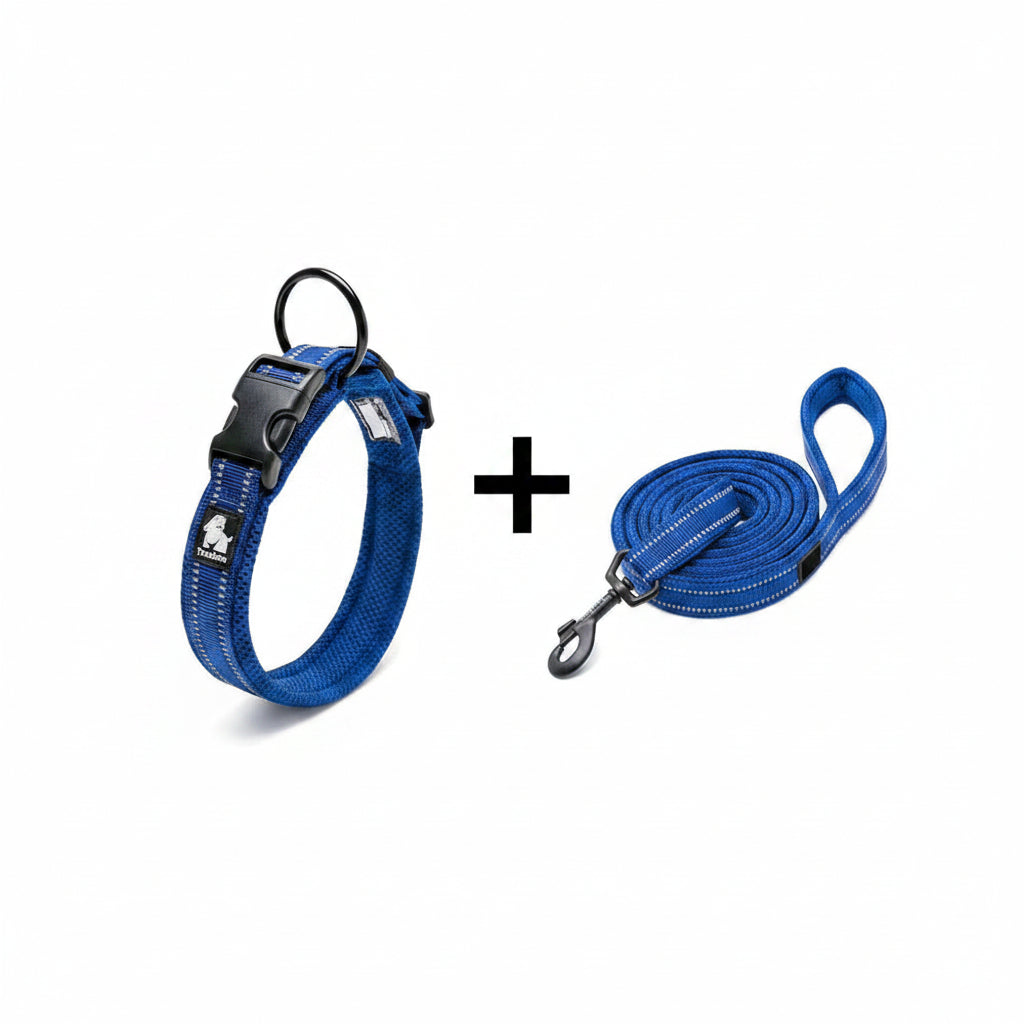A premium ocean marine blue reflective dog walking set showing the safety-enhanced dual-weave thread pattern and rust-resistant metal leash clip.