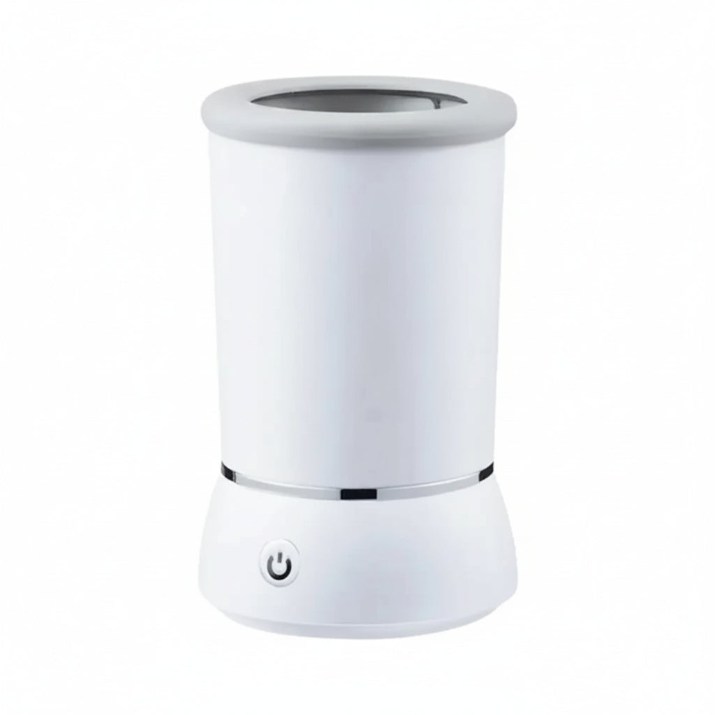 An electric pet paw cleaner cup with soft silicone bristles and a USB charging cord, shown in Streamline Blue and Minimalist White options.