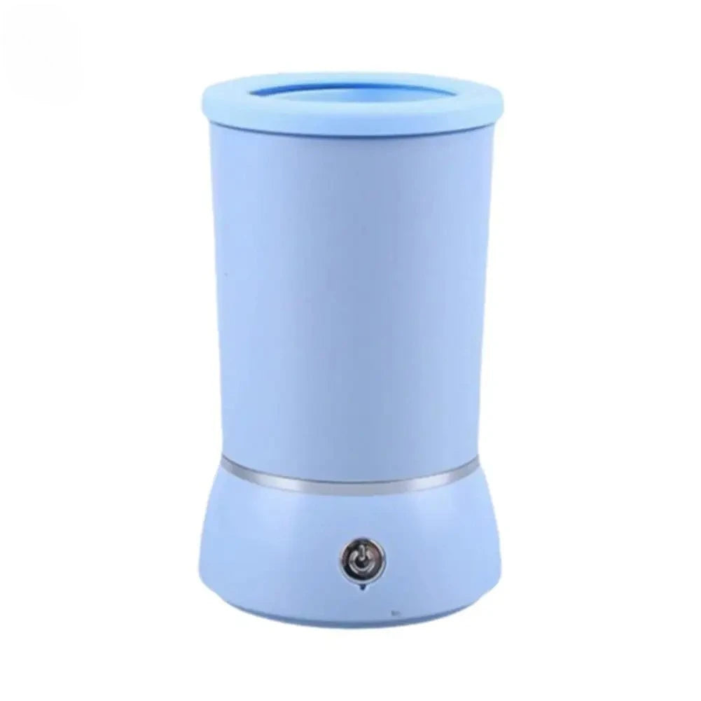 An electric pet paw cleaner cup with soft silicone bristles and a USB charging cord, shown in Streamline Blue and Minimalist White options.