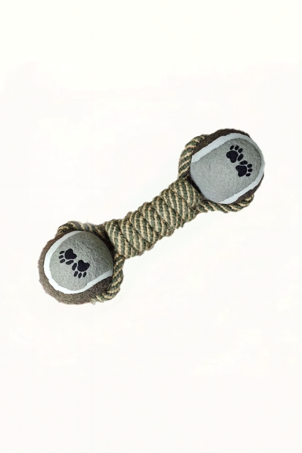 An indestructible teeth cleaning pet chew toy measuring 21cm in length, displaying its tightly twisted natural linen rope core connected to two textured rubber tennis-style balls for dogs and cats.