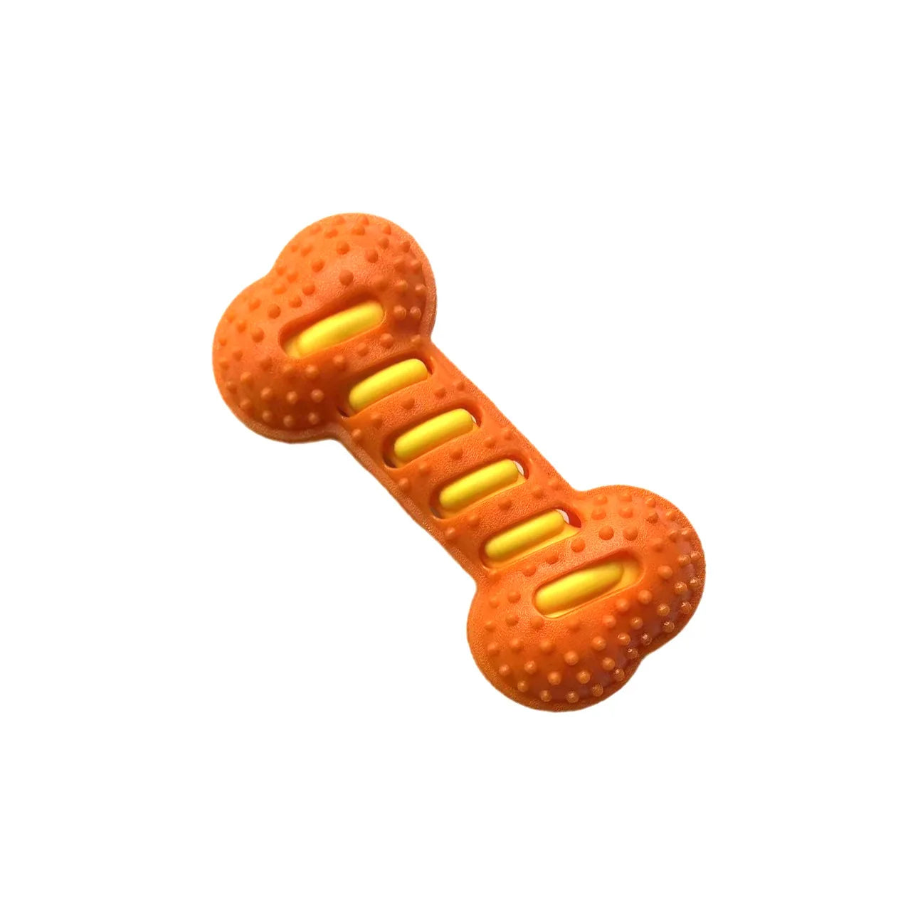 An indestructible zesty mandarin orange squeaky rubber bone dog chew toy displaying its high-thickness food-grade TPR material and bumpy dental care texture.