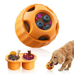 A rose quartz pink interactive frozen dog treat toy and silicone mold set showing the screw-open natural rubber ball and matching freezer tray.