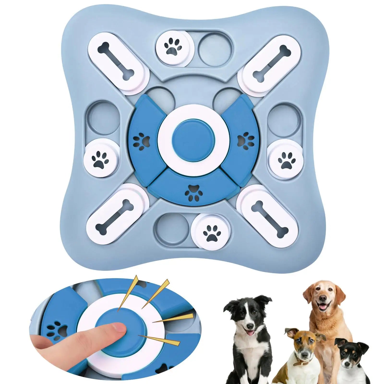 An arctic azure light blue interactive memory training dog puzzle toy slow feeder showing its central squeaker horn and sliding treat compartments.
