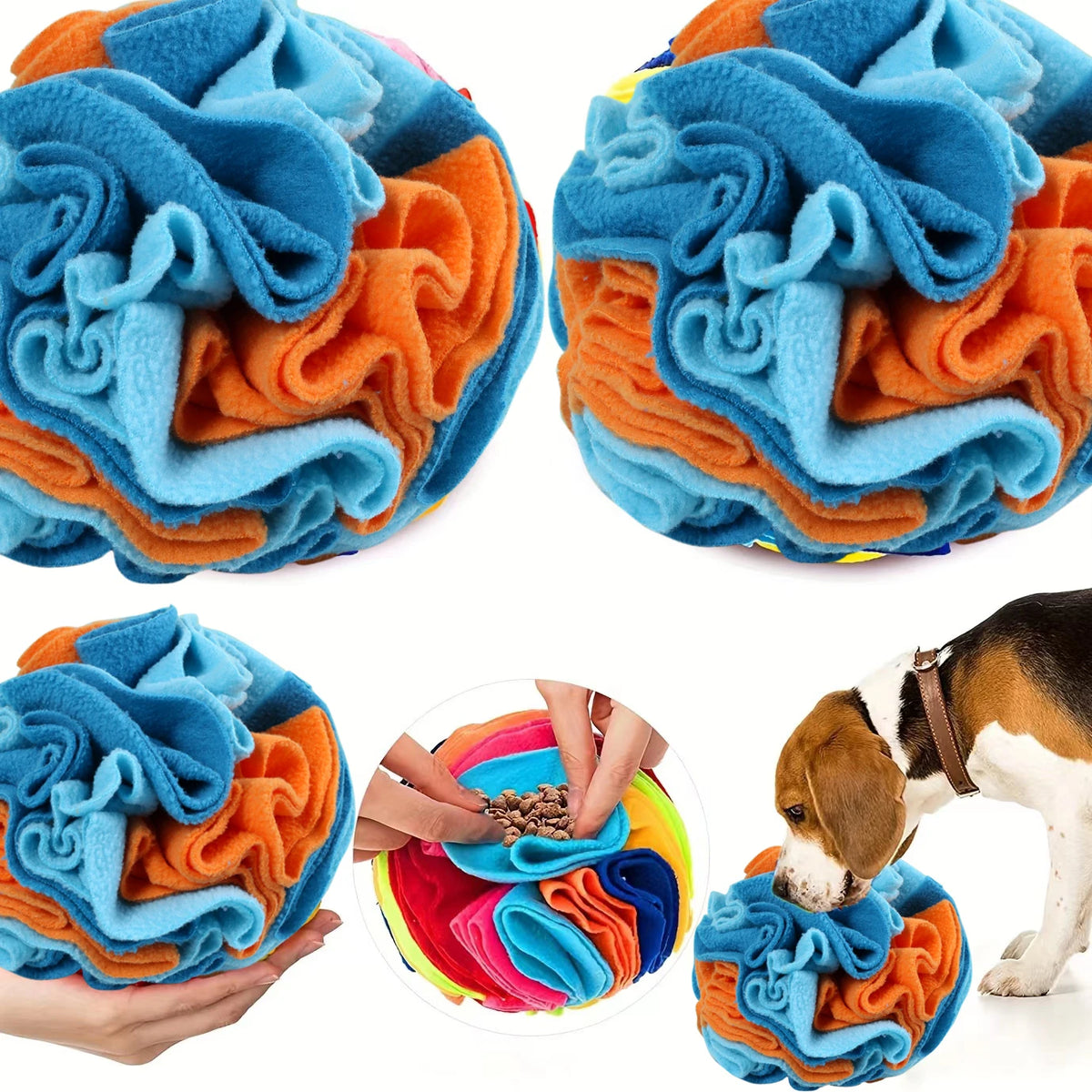 A blue interactive pet snuffle ball made of soft polar fleece, designed for mental enrichment and natural foraging.