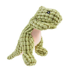 An interactive rex grass green plush dinosaur pet toy displaying its small-breed proportions and soft, teeth-friendly exterior fabric layout.