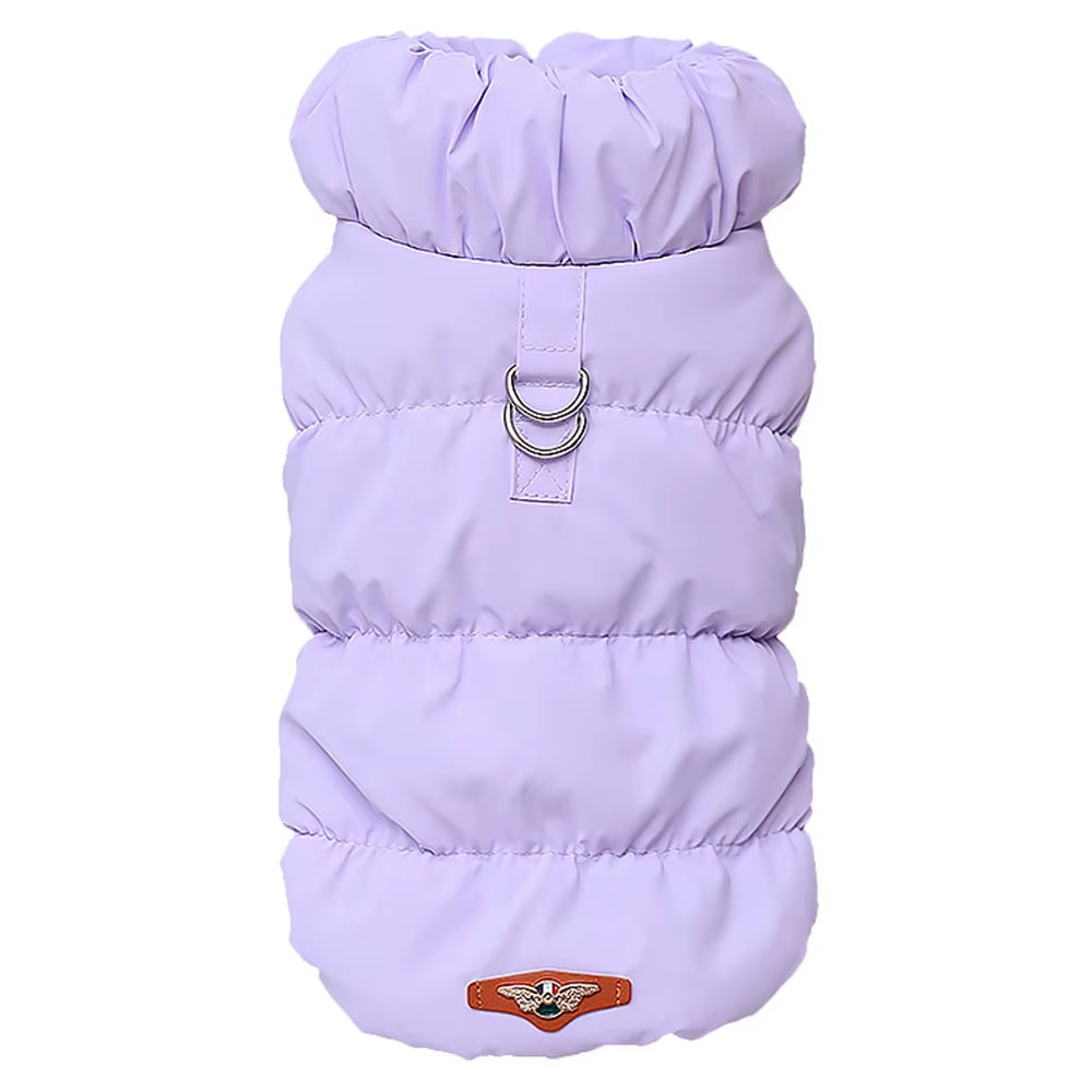 Soft lavender purple padded dog coat for small breeds with secure D-ring attachment.