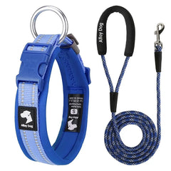 Classic blue padded pet collar highlighting the soft, quick-drying neoprene interior lining and heavy-duty hardware.