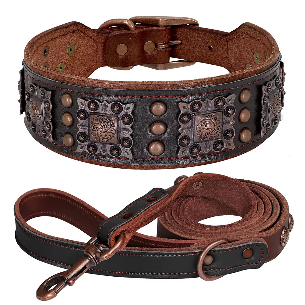 A premium wide-cut genuine black leather dog collar featuring luxury metal rivets, soft inner padding, and a heavy-duty alloy buckle with a matching black leather leash.