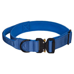 A premium deep-sea blue nylon tactical dog collar with high-density double-layered webbing, showcasing the anti-chafing breathable cushion lining and a loop panel area for ID patches.