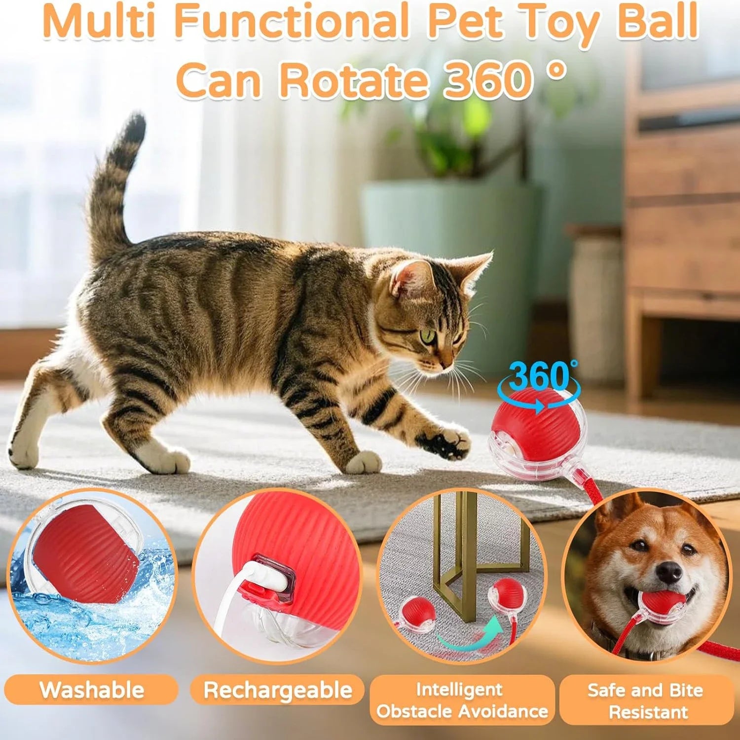 Diagram showing USB charging, silicone shell, and obstacle avoidance sensors of the smart pet ball.