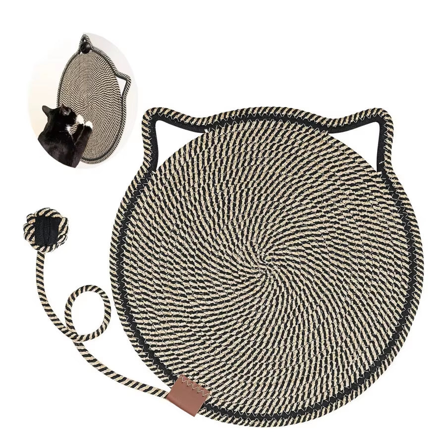 A mineral pebble grey decorative cat-shaped rope scratch mat resting flat on the floor to display its lightweight, non-slip backing designed for indoor furniture protection.