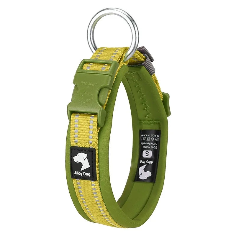 Mocha green non-choke pet collar with soft neoprene padding, adjustable green buckle, and reflective stitching for dogs and cats.