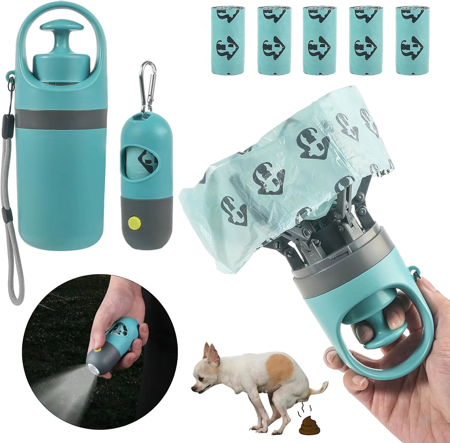 A portable orange and blue dog poop scooper set featuring an LED flashlight, claw picker, and integrated waste bag dispenser.