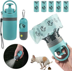 A portable orange and blue dog poop scooper set featuring an LED flashlight, claw picker, and integrated waste bag dispenser.