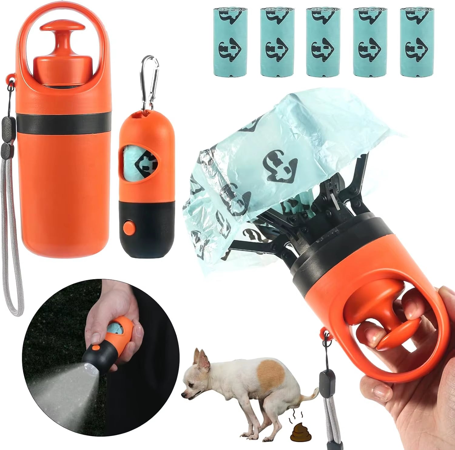 A portable orange and blue dog poop scooper set featuring an LED flashlight, claw picker, and integrated waste bag dispenser.