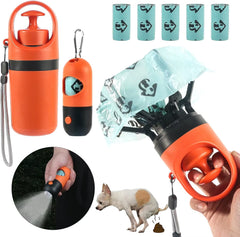 A portable orange and blue dog poop scooper set featuring an LED flashlight, claw picker, and integrated waste bag dispenser.