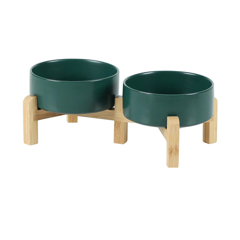 Pawzation Double Elevated Ceramic Pet Bowl with Wood Stand Arctic Green