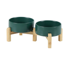 Pawzation Double Elevated Ceramic Pet Bowl with Wood Stand Arctic Green