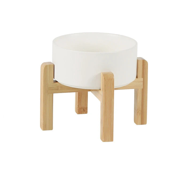 Pawzation Double Elevated Ceramic Pet Bowl with Wood Stand Arctic White