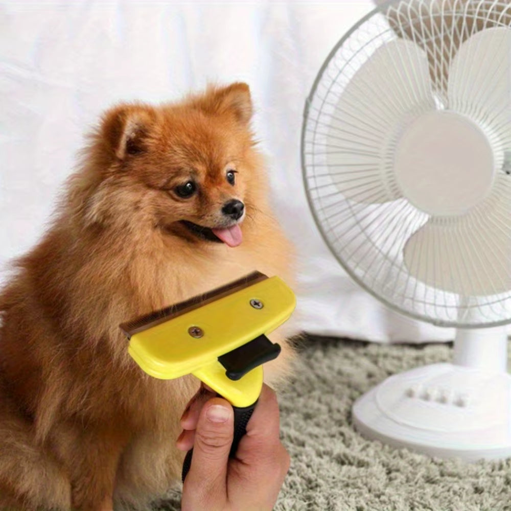 Professional grooming with Pawzation deshedding tool removing loose fur from a dog