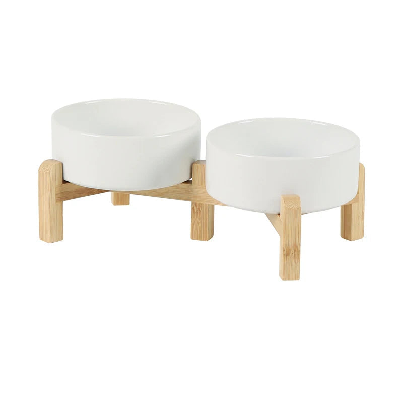 Elevated Ceramic Pet Bowl Set | Natural Wood Stand Feeder acrylic white