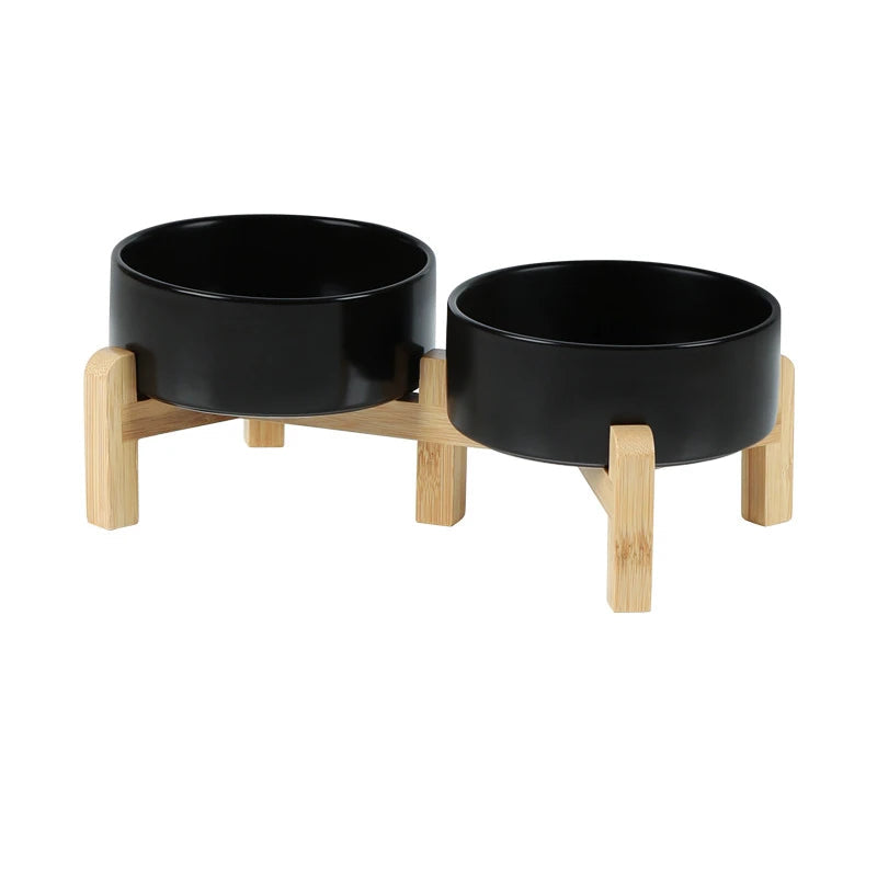 Elevated Ceramic Pet Bowl Set | Natural Wood Stand Feeder black
