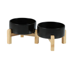 Elevated Ceramic Pet Bowl Set | Natural Wood Stand Feeder black