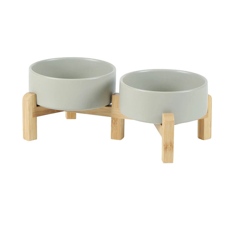 Elevated Ceramic Pet Bowl Set | Natural Wood Stand Feeder acrylic white double