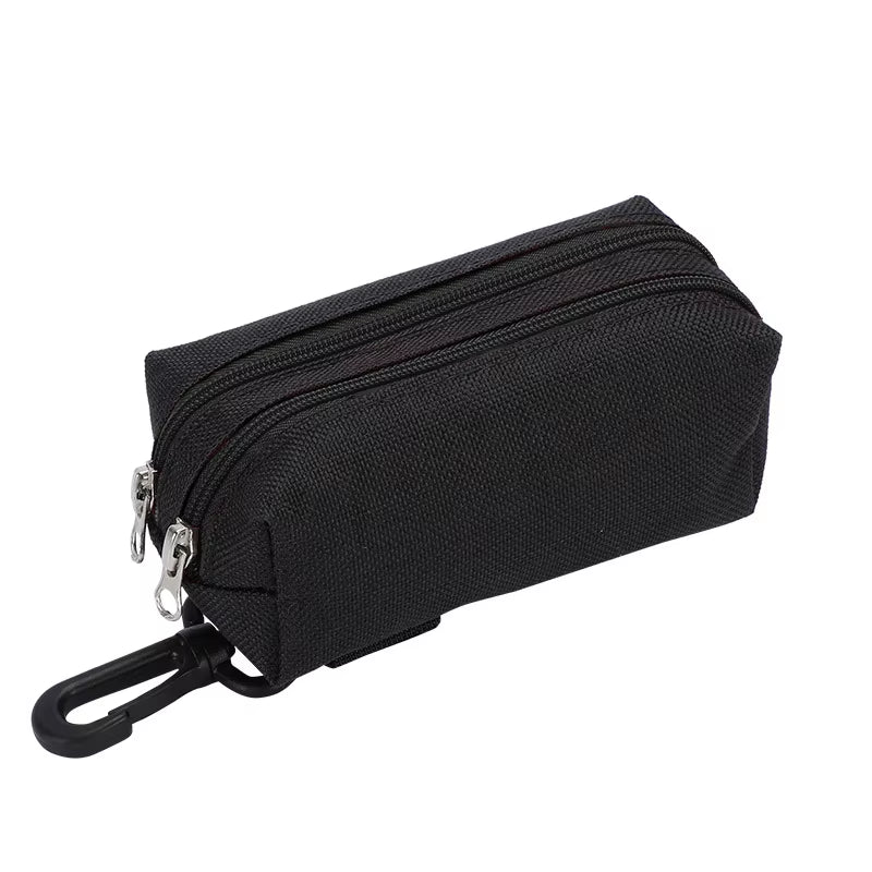 A waterproof dual-pocket Oxford fabric poop bag dispenser with Velcro straps and a key storage pocket for dog walking.